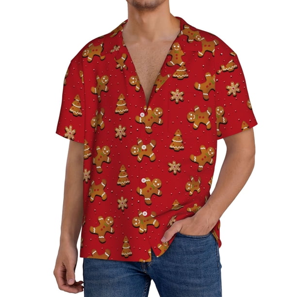 Balery Gingerbread Man Camisa Casual de Manga Corta con Botones para Hombre, Texturizada, Estilo Cubano, para Playa, Verano-3X-Large
