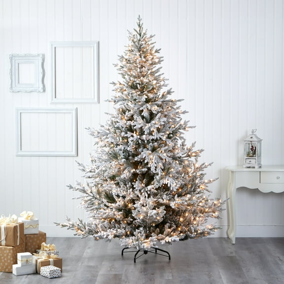 Nearly Natural 8' Prelit Flocked Fir Artificial Christmas Tree, White