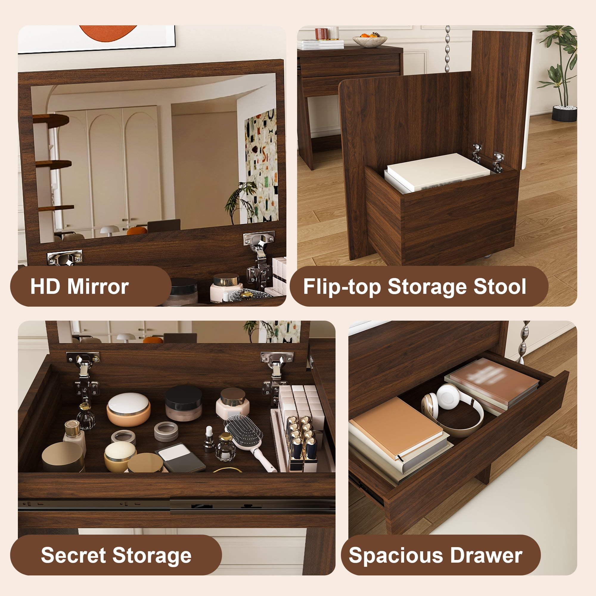 Multi-functional stretching desk, 47-inch foldable desk, makeup table with mirror, has 3 usage modes, equipped with storage function stool, suitable for bedroom, apartment (Walnut)