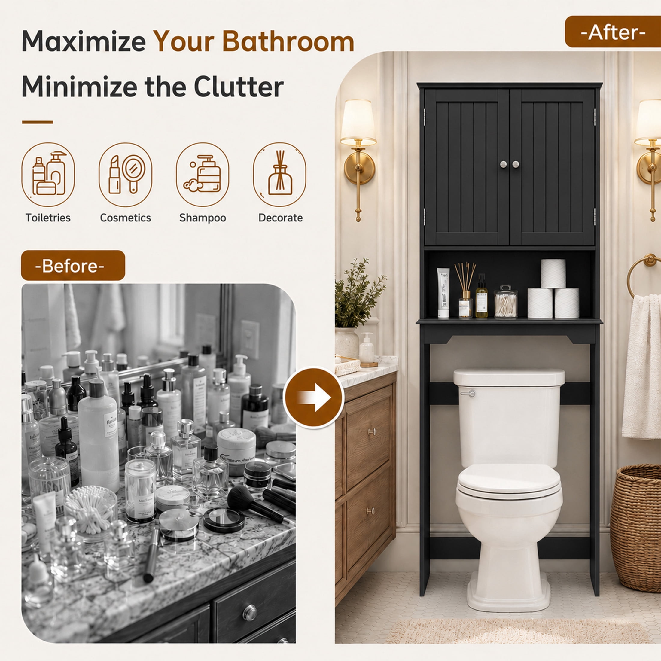 edx Wooden Over-the-Toilet Storage Rack, Bathroom Organizer Shelf for Toilet & Towels, Freestanding Toilet Shelf,Black