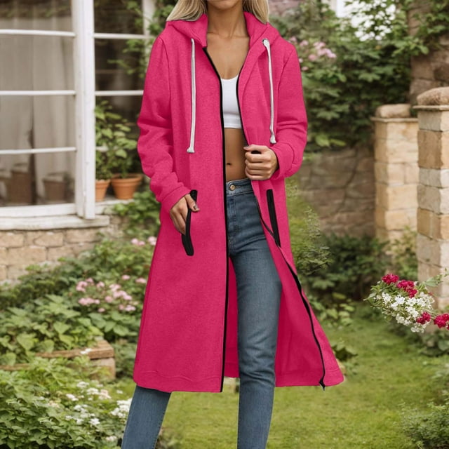 Qetyuw Womens Long Hooded Jacket Full Zip Up Long Sleeve Open Front Jackets Winter Plus Size Casual Coat Outwear