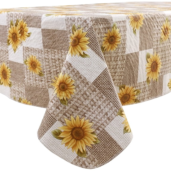 Vinyl Tablecloth with Flannel Backing Rectangle Stain-Resistant Table Cloth Waterproof Plastic Table Cover (60 x 102 Inch, Sunflower)