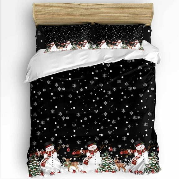 Christmas King Size Comforter Set, Winter Snowman Xmas Tree Deer Snowflakes Black Soft Bedding for All Seasons, 4 Pcs Bed Set with 1Comforter (90"x106") ,1 Sheet(94"x116"), 2 Pillowcases (19"x35")