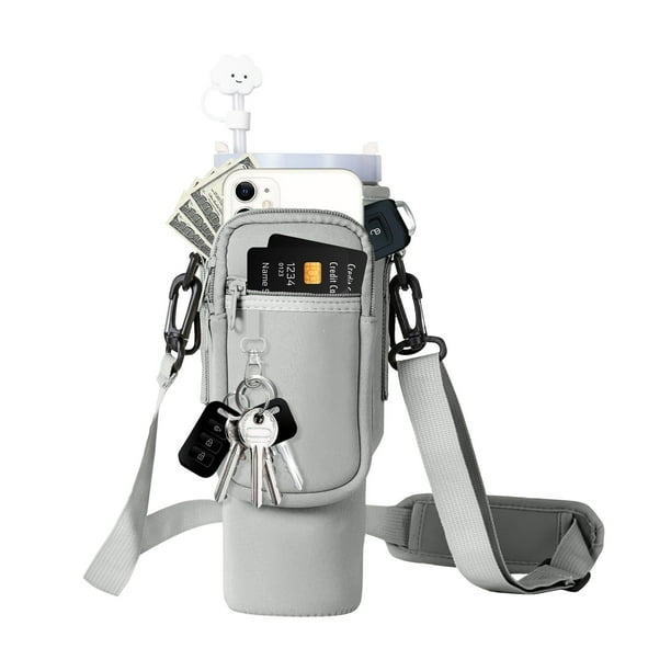 Aganmi Bolsa para botella de agua con bolsillo para teléfono para vaso moderno de 40 onzas, soporte para botella de agua con inicial brillante con correa ajustable para el hombro, bolsa deportiva