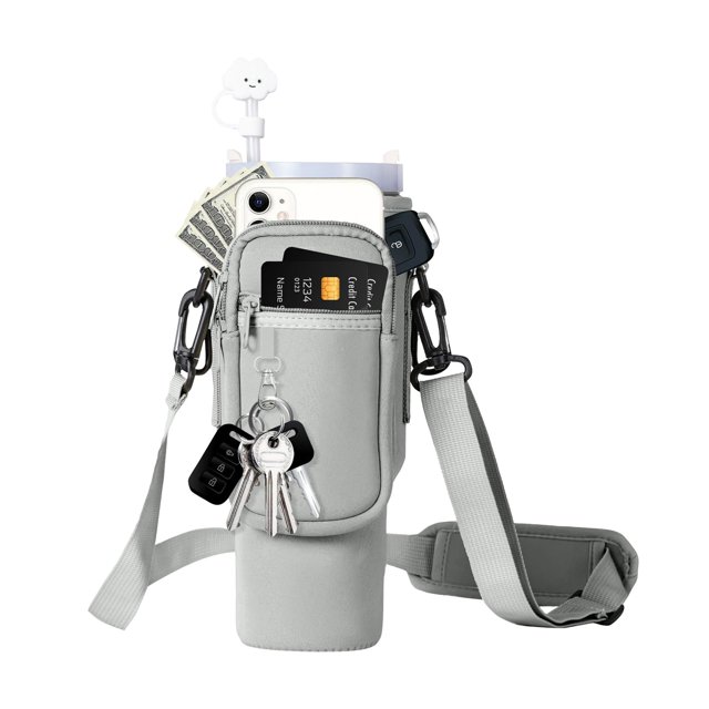 Aganmi Bolsa para botella de agua con bolsillo para teléfono para vaso moderno de 40 onzas, soporte para botella de agua con inicial brillante con correa ajustable para el hombro, bolsa deportiva