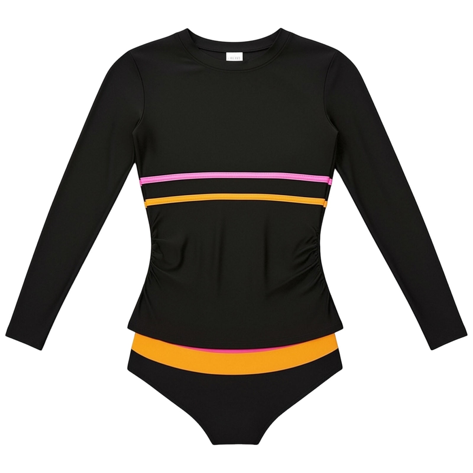Ulanda Girls Rash Guard Swimsuit Long Sleeve Dual-Color Stripe Modest Top with Swim Bottoms Bathing Suits for Girls 7-16Y (Black 7-8 Years)