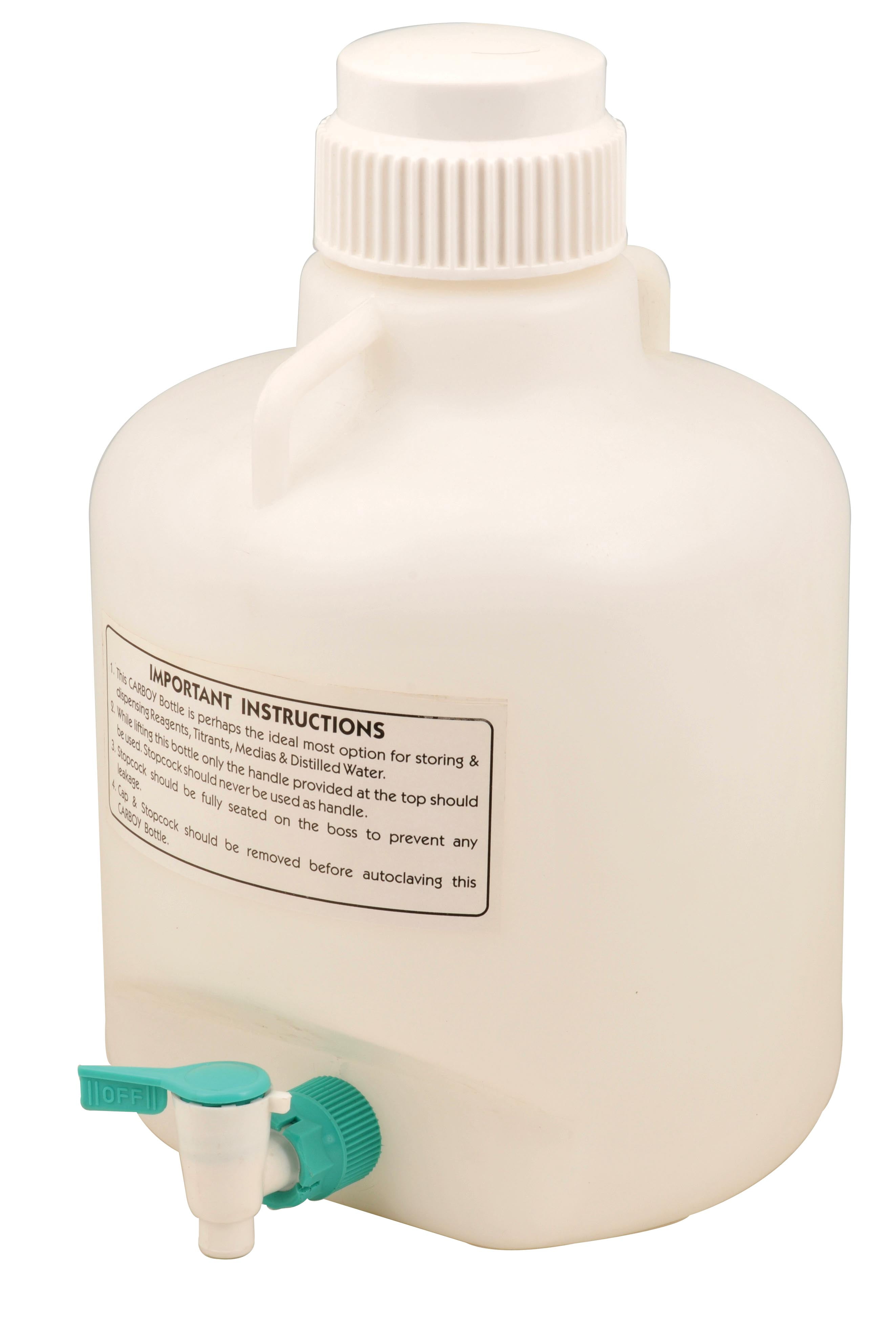 Carboy Bottle with Stopcock, 10 Liter Capacity, White Premium