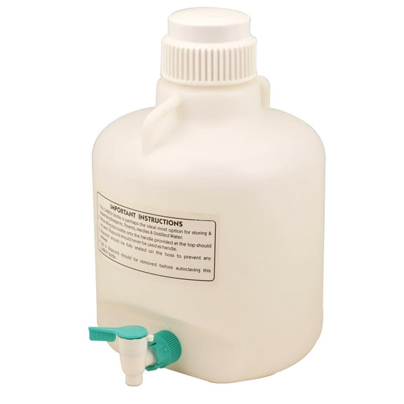 Carboy Bottle with Stopcock, 10 Liter Capacity, White Premium Polypropylene with 2 Handles - Eisco Labs