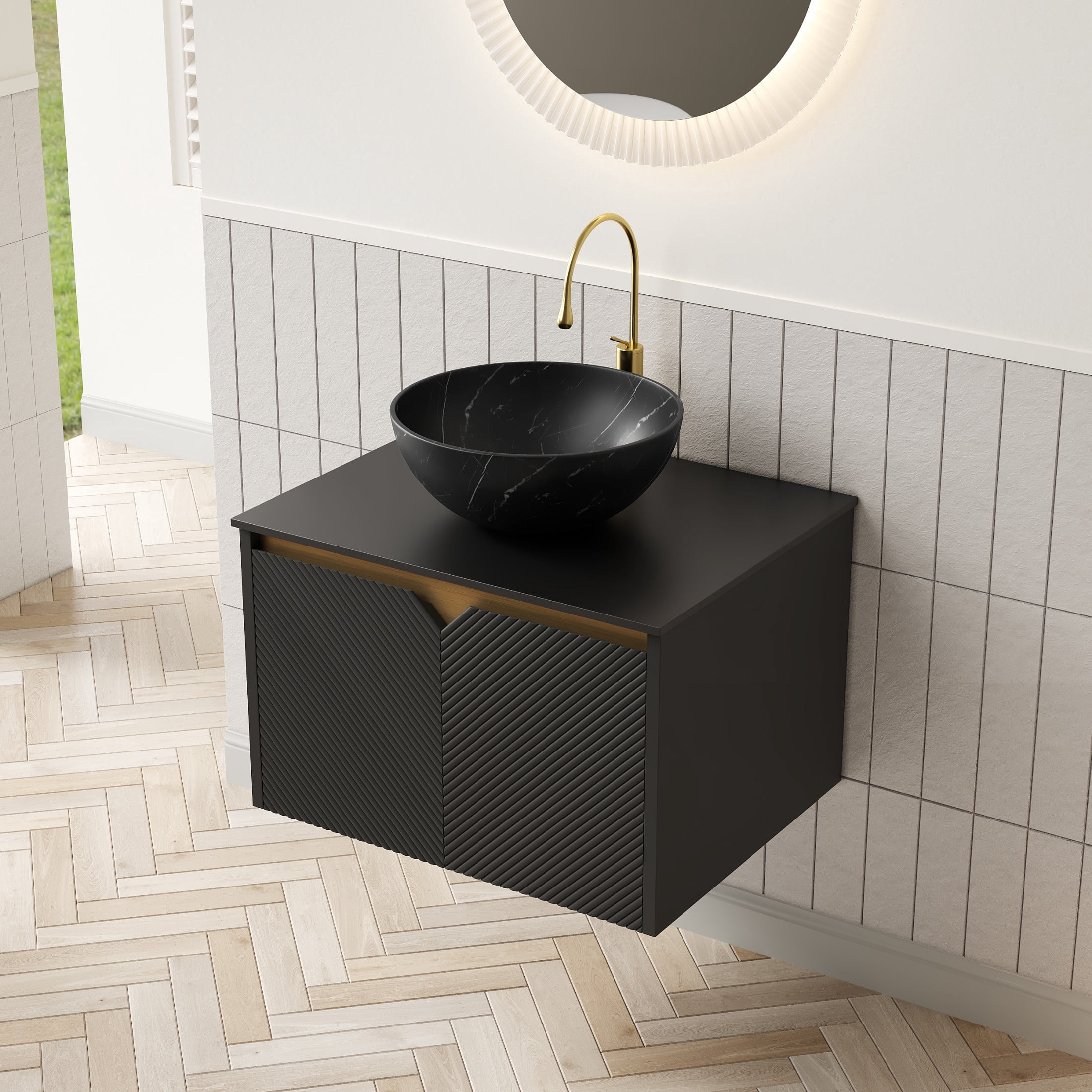 Noble House RUBEN 24" Floating Bathroom Vanity, Sintered Stone Top Cabinet with Black Bowl Ceramic Vessel Sink, Black