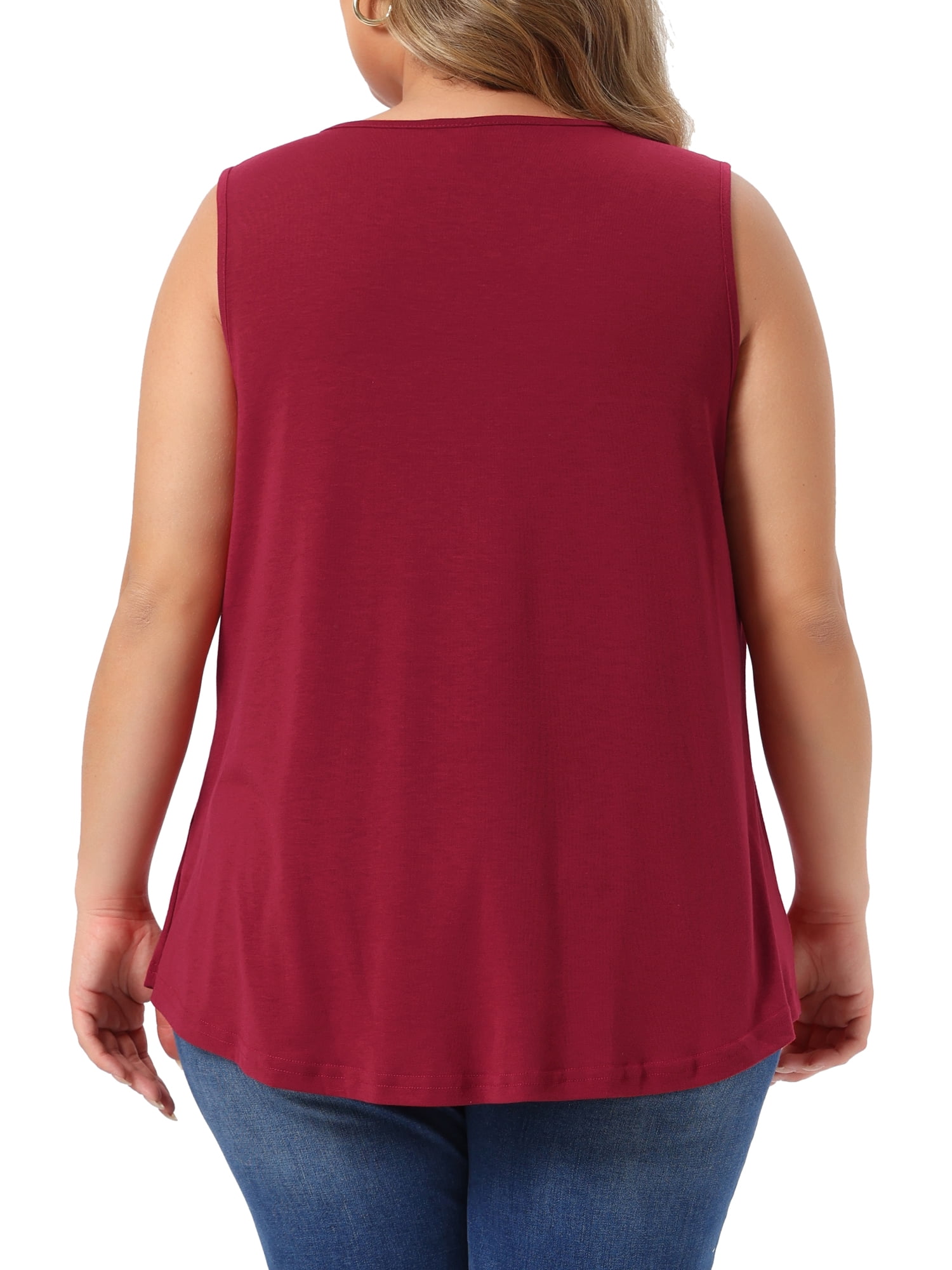 DARING DIVA Women's Plus Crew Neck Boho Pleated Curved Hem Tank Top Blouse 3X Burgundy