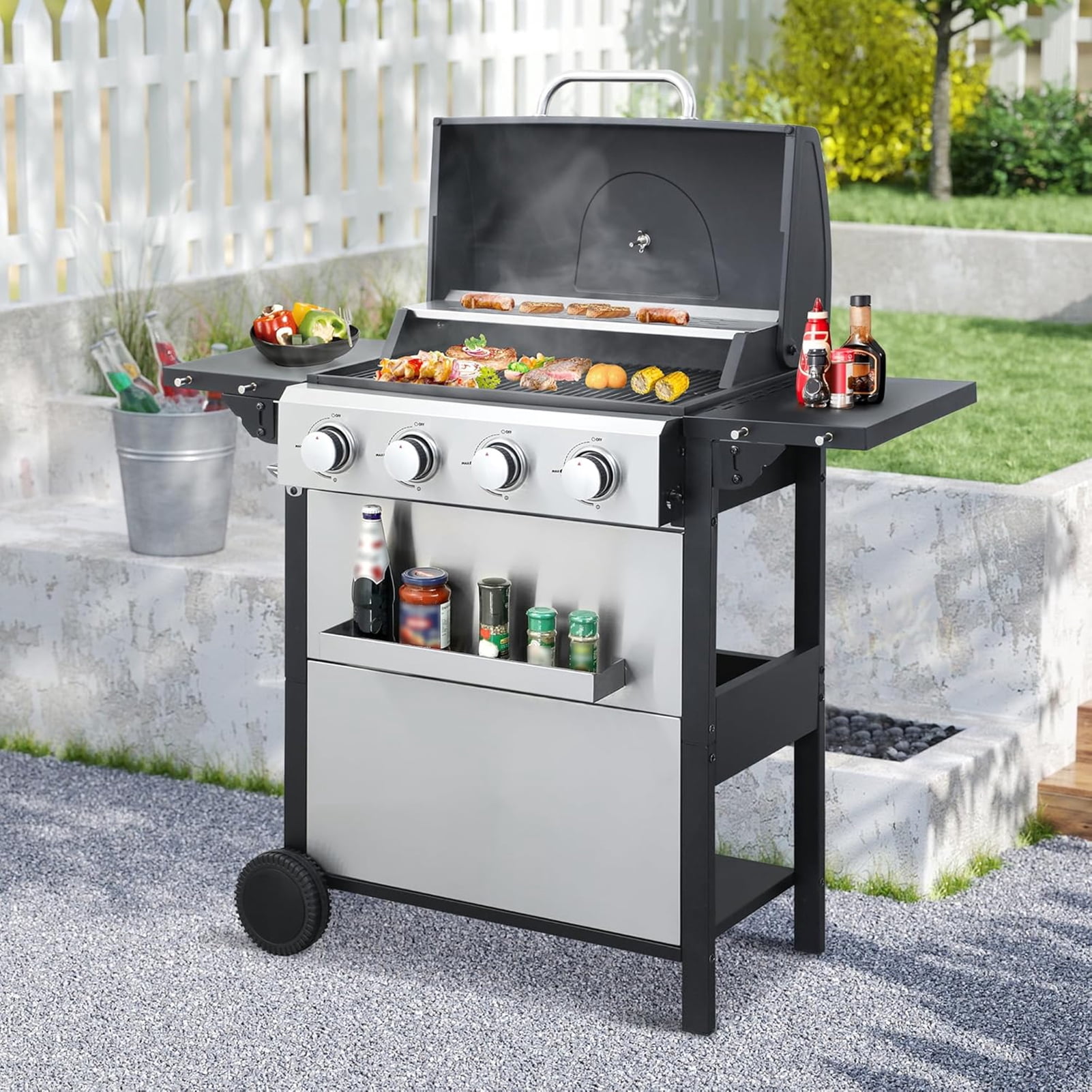 4-Burner Gas Grill, Stainless Steel Propane Grill 2 Foldable Side Tables, 25,650 BTU Outdoor BBQ Grill with Wheels, Built-in Thermometer for Backyard, Garden, Camping