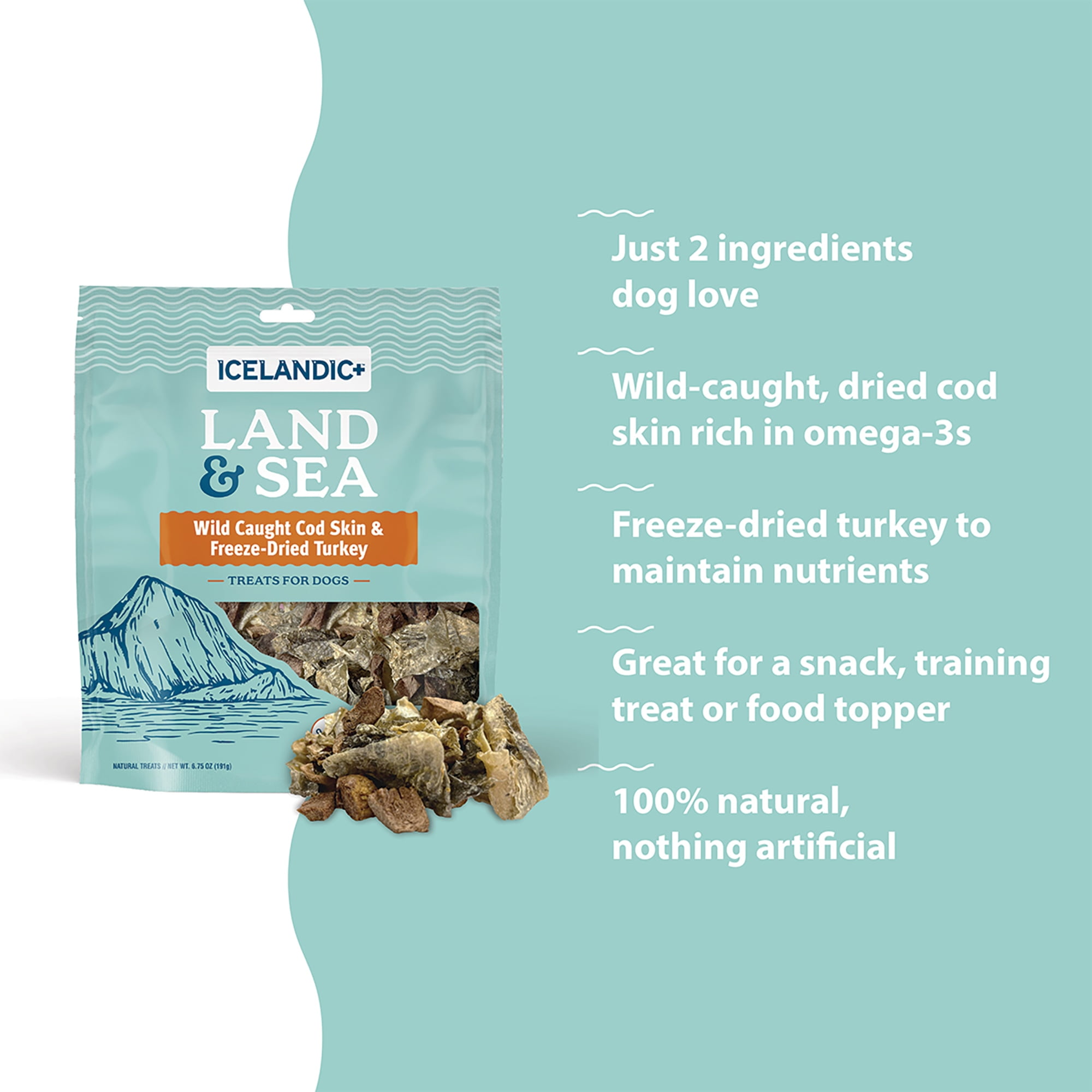 Icelandic+ Land & Sea Wild Caught Cod Skin & Freeze-Dried Turkey - 6.75oz Bag, Dog Treat & Food Topper, 2 Ingredients, No Preservatives, All Natural