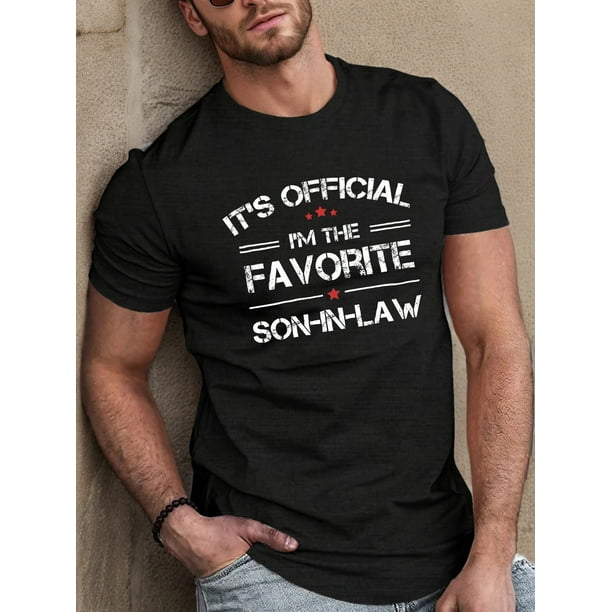 Camiseta de moda de verano para adultos: Camiseta informal de manga corta para hombre con estampado "Yerno favorito", diseño geométrico, corte regular, cuello redondo y tejido de poliéster elástico.