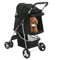 4 Wheels Pet Stroller, Weather Cover, Storage Basket, for 33lbs Medium Dog, Small Cat, Travel Walking Puppy Stroller (Black)