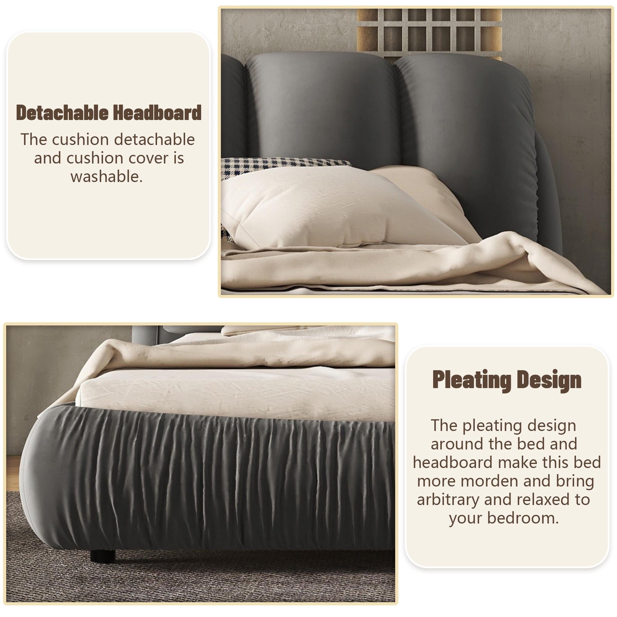 PORKISS Queen Upholstered Bed Frame with Super Soft Thick Headboard, Oversized Padded Backrest, Gray