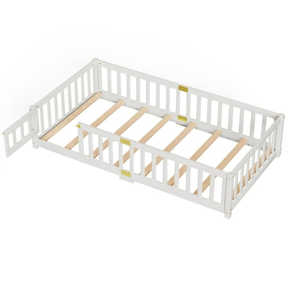 ABORON Twin Toddler Floor Bed, Montessori Bed for Toddlers with Safety Guardrails, Floor Bed Frame for Kids Baby Boys Girls (Twin-White)