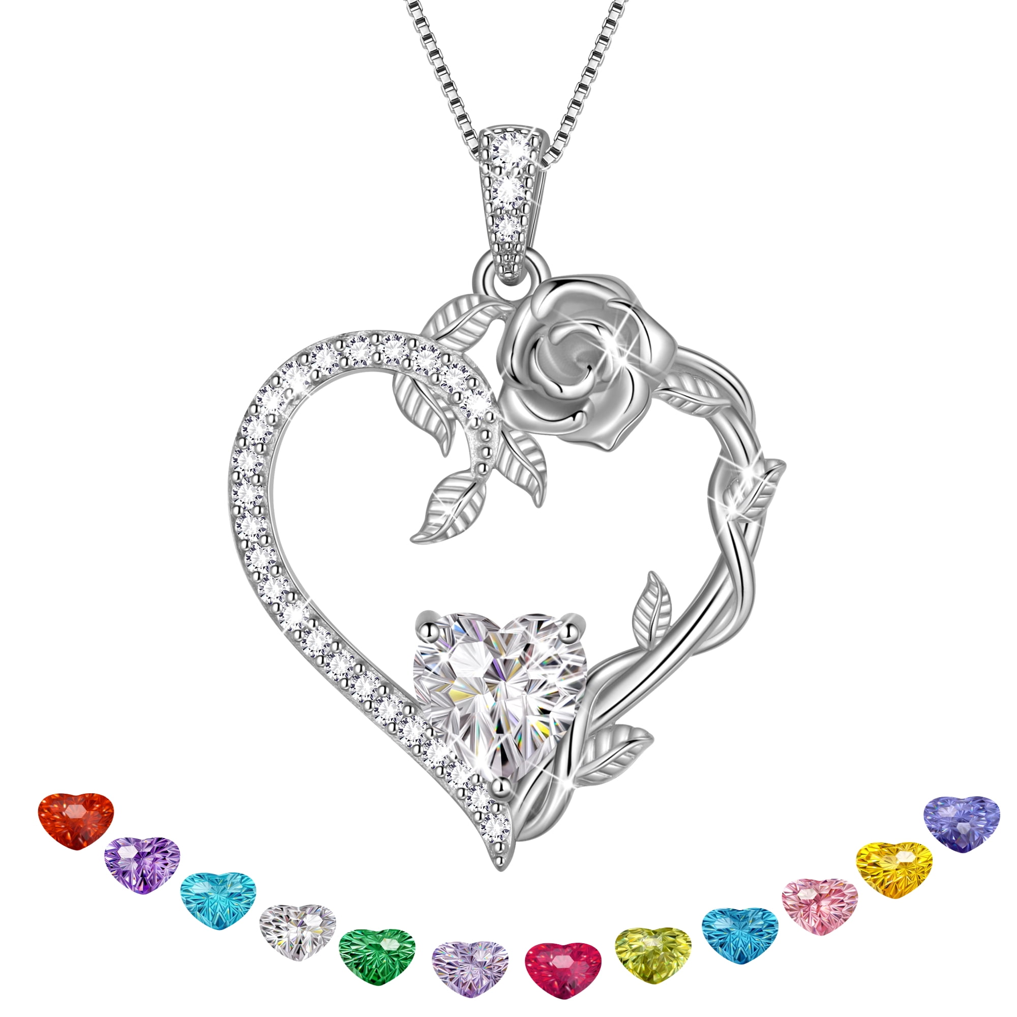 Beautlace 18K White Gold Plated Heart Rose Necklace for Women,April White Crystal Birthstone Pendant Birthday Valentine’s Day Christmas Jewelry Gift for Wife Mom Girlfriend