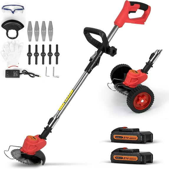 Cordless Weed Eater Grass Trimmer,3-in-1 Lightweight Push Lawn Mower & Edger Tool with 3 Types Blades,21V 2Ah Li-Ion Battery Powered for Garden and Yard (Red)