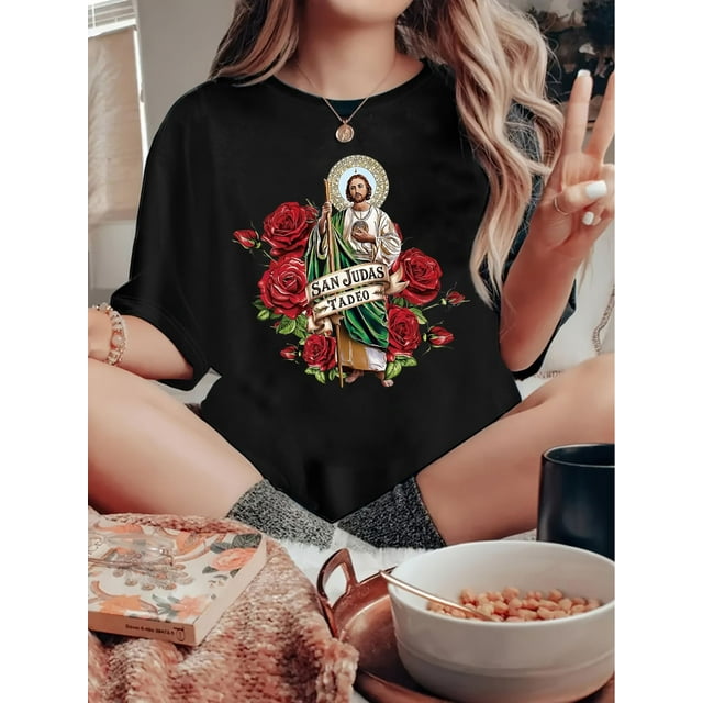 T-shirt pour Femmes, 'Flower Rose Jesus San' Imprimé, Mode Minimaliste Rétro, Col Rond, Décontracté et Confortable, T-shirt Sportif à Manches Courtes Fête des Pères, Fête des Mères, Nouvel An, Festival de Printemps, Valen