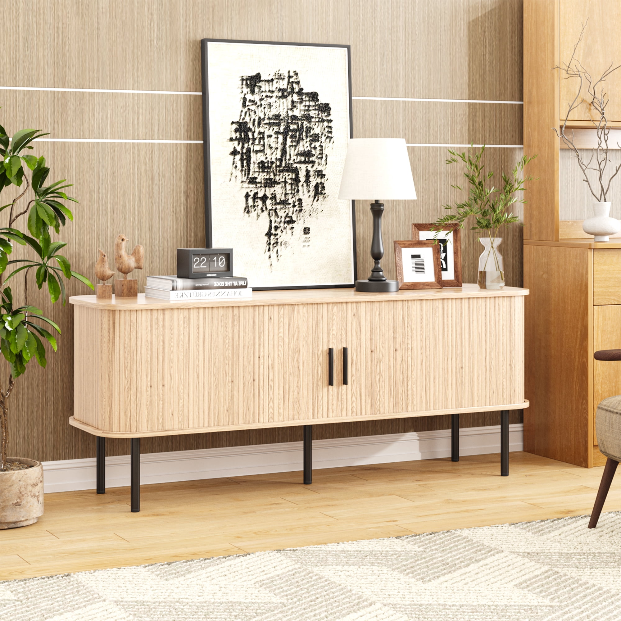 VEANERWOOD 63" TV Stand for 70" TV, Wood Entertainment Center with Storage and Shelves, 2 Sliding Tambour Doors, Mid-Century Modern,Natural