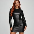 thumbnail image 4 of Summer Dresses For Women Solid Color Pu Leather Short Long Sleeve Bodycon Pencil Party Bandage Casual Dress Sundress Beachwear,Black,XXL, 4 of 9