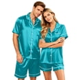 thumbnail image 2 of （Mens） Couple Matching Sets Silk Short Sleeve Button Down Sleepwear Satin Shorts Set Soft Loungewear Cyan 4XL, 2 of 8