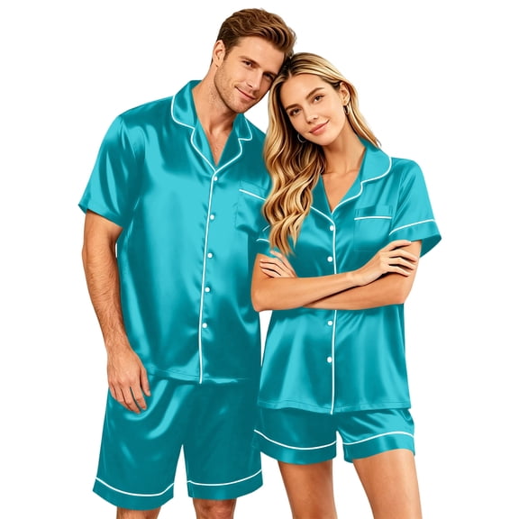 Lumtrix Matching Pajamas for Couples Men and Women Satin Button Down Loungewear Short Sleeve Sleepwear Soft 2 Pcs Pj Set（Men) Cyan 3XL