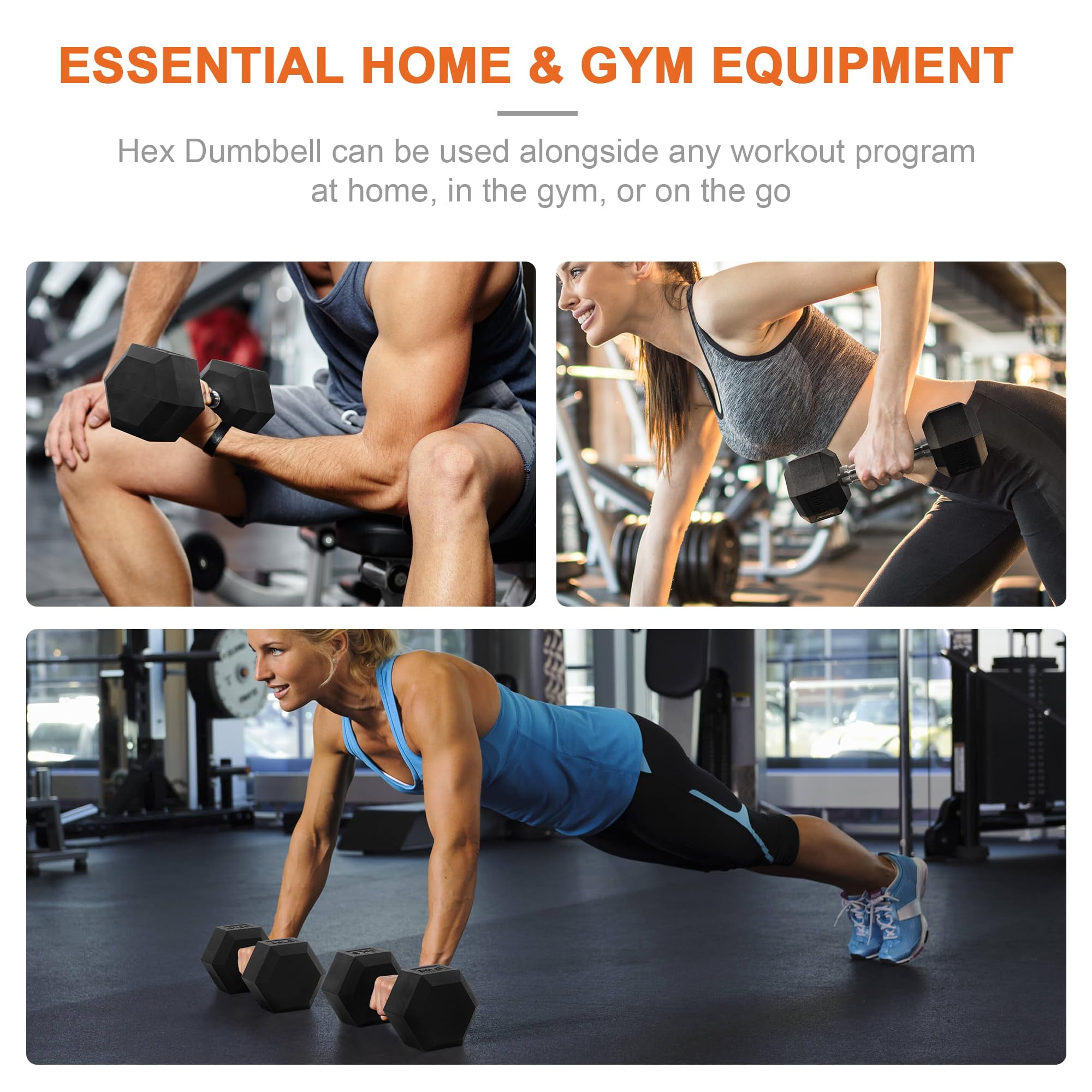 Sprint Demon 60 LB Rubber Hex Dumbbell Set with Ergonomic Handles, Pair of 5LB, 10LB & 15LB Free Weights for Home Gym Strength Training