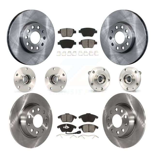 Transit Auto Front Rear Hub Bearing Assembly Disc Brake Rotor and Semi-Metallic Pads Kit (10Pc) for Car Volkswagen Beetle with 272mm Diameter - Left Right Side (Driver Passenger) KBB-109605