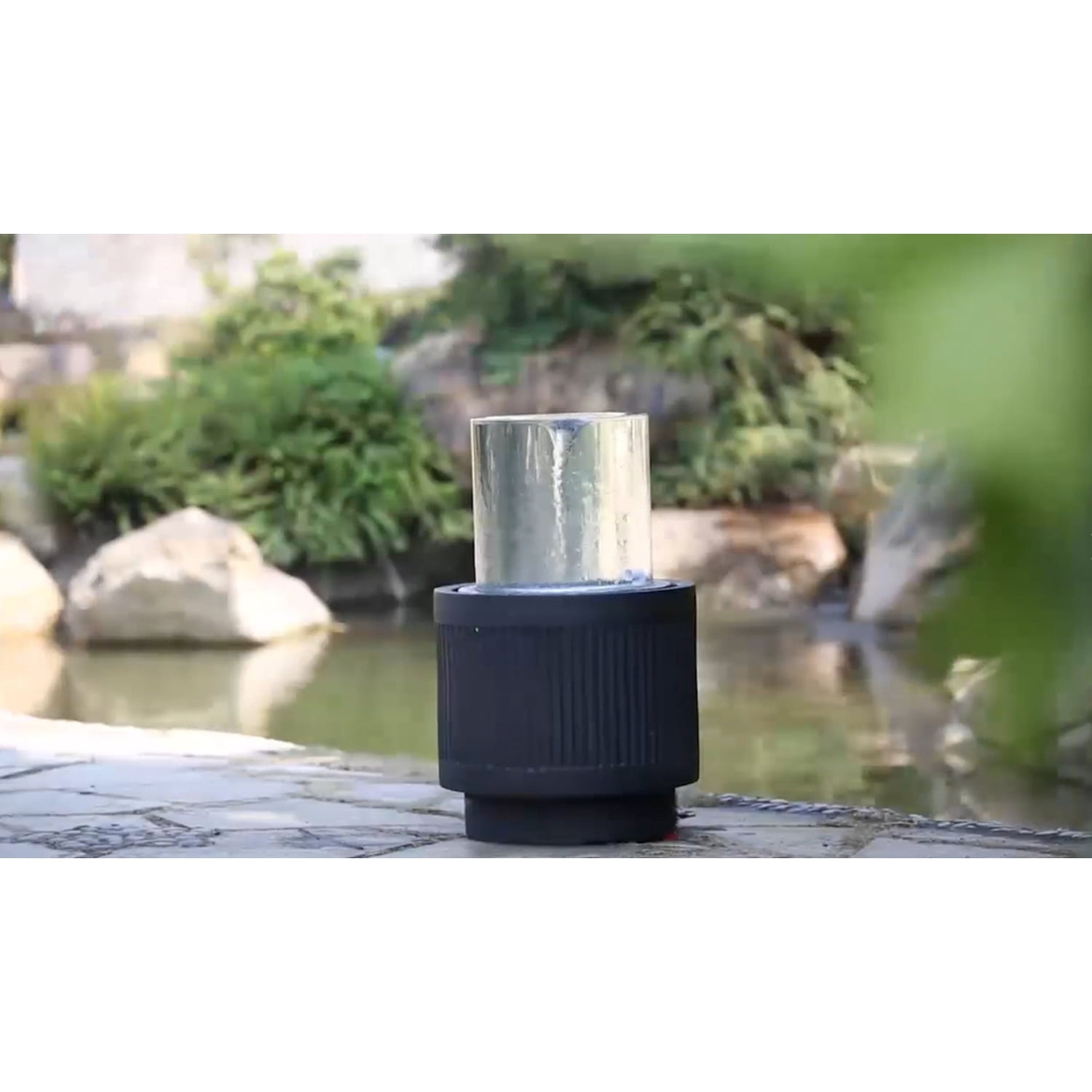 Newboti Furniture 20x20x19.5" Heavy Cement Round Black Ribbed Outdoor Water Fountain with Light (Color Change) 24816