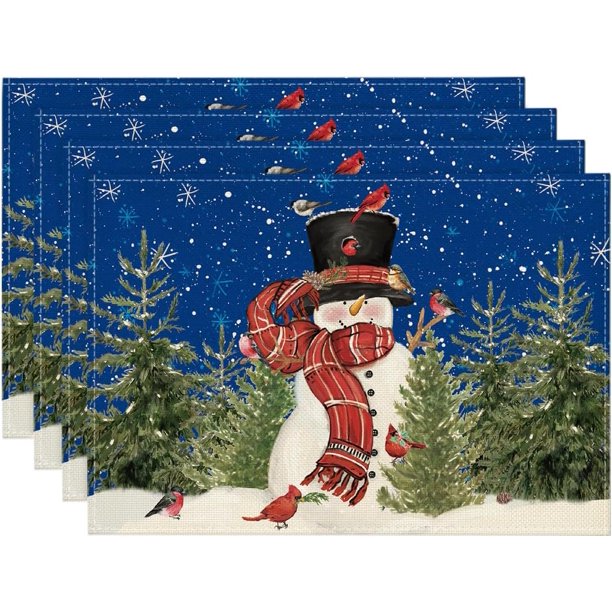 Artoid Mode - Manteles individuales navideños para mesa de comedor, 12.0 x 18.0 in, diseño de pájaros de invierno, Navidad, vacaciones, rústico, vintage, Acción de Gracias, lavable, juego de 4