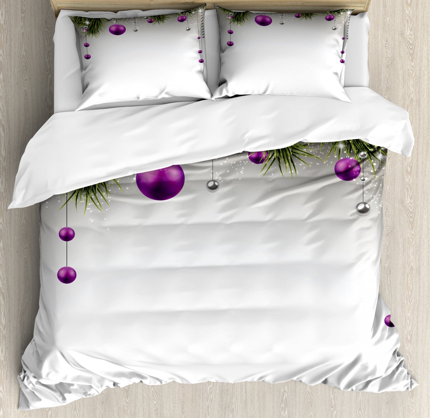 Christmas Duvet Cover Set King Size, Tree with Tinsel and Ball with