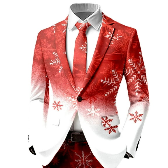 KHONTS Men's Christmas Blazer Jacket Xmas Snowflake Print Long Sleeve Open Button Business Office Jacket Work Blazers 13-Red XL