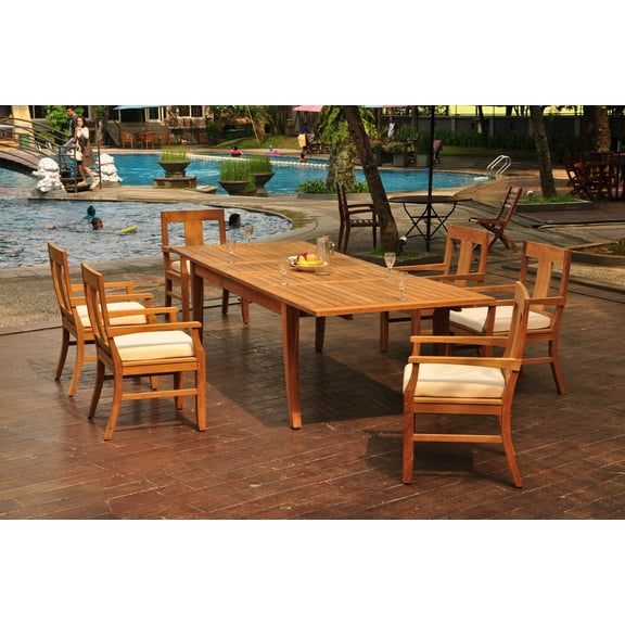 Grade-A Teak Dining Set: 6 Seater 7 Pc: 122" Atnas Double Extension Rectangle Table And 6 Osborne Arm Chairs Outdoor Patio WholesaleTeak #WMDSWVm
