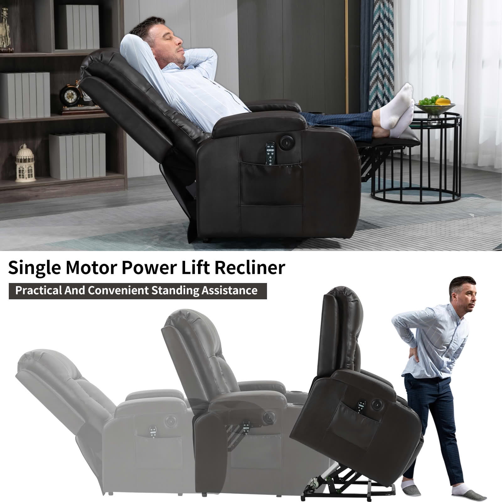 MAYEERTY Blue Chenille Power Lift Recliner, 350lbs Massage Heat USB-C Cup Holders 35"x29"x43"