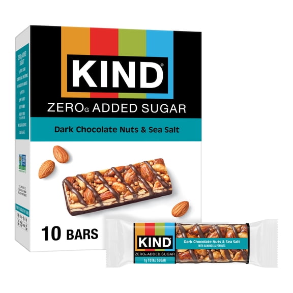 KIND ZERO Added Sugar Bars, Keto Friendly Snacks, Dark Chocolate Nuts and Sea Salt, 6.2oz Box 10 Count