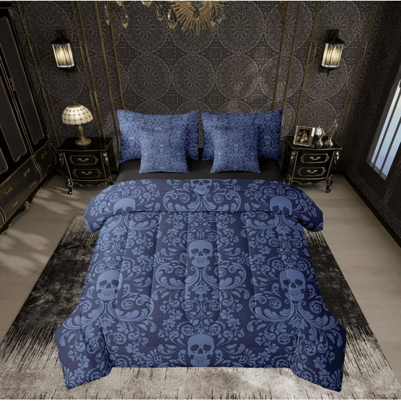 Damask Gothic Bedding Set Adults Antique Victorian Bed in a Bag Queen Comforter Set 7 Piece,Dark Blue Sugar Skull Sheet Set Vintage Baroque Floral Goth Bed Set,Exotic Bone Skeleton Bohemian Decor