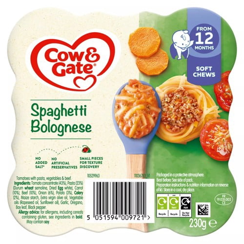 Cow & Gate Spaghetti Bolognese Baby Food Meal 12+ Months 230g, British Import (Pack of 2)