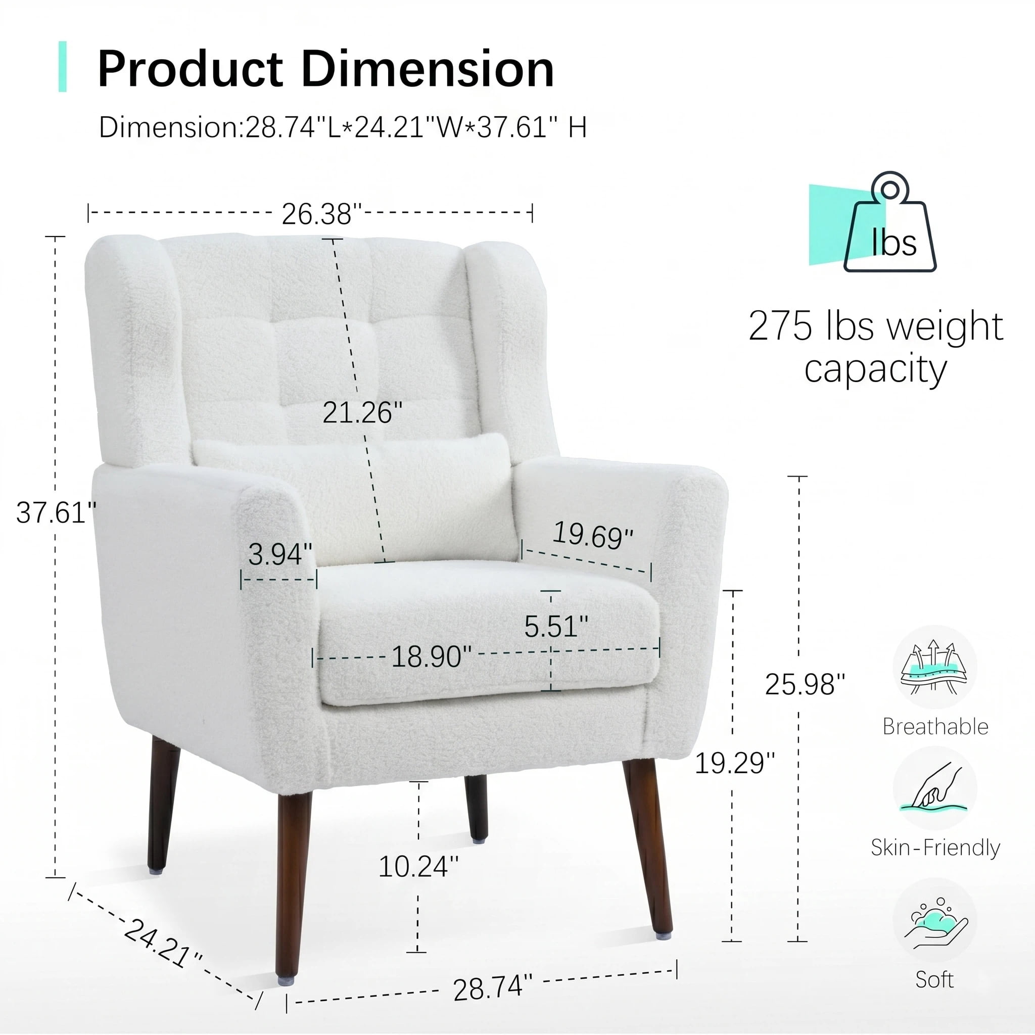 AISWORD Modern Accent Chair, Upholstered Armchair with Pillow, Fabric Single Sofa Chair with Lounge Seat and Wood Legs Accent Chair for Living Room Bedroom Small Spaces, White