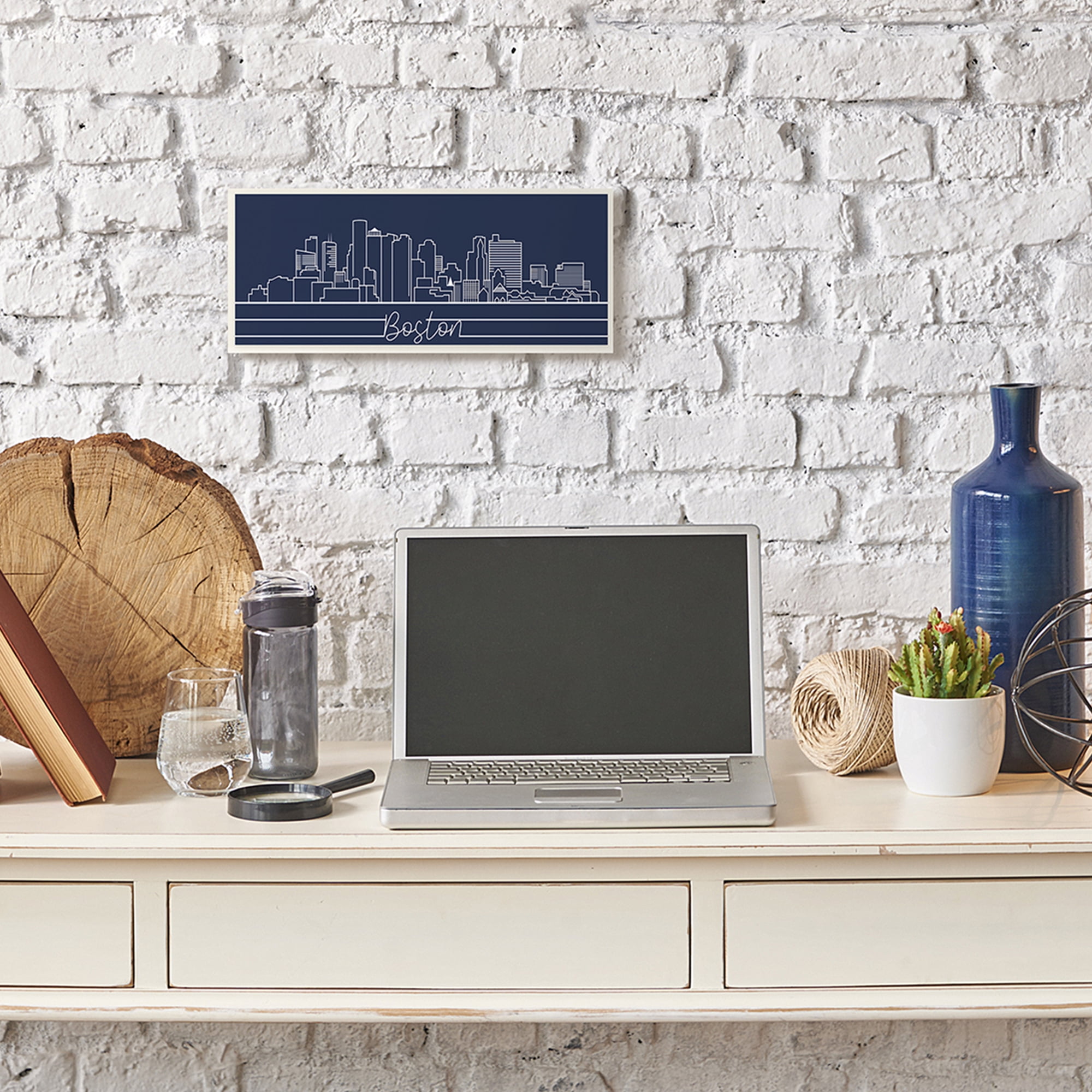 Stupell Industries Boston City Skyline Outline Deep Blue White Wall Plaque, 7 x 17, Design by Daphne Polselli