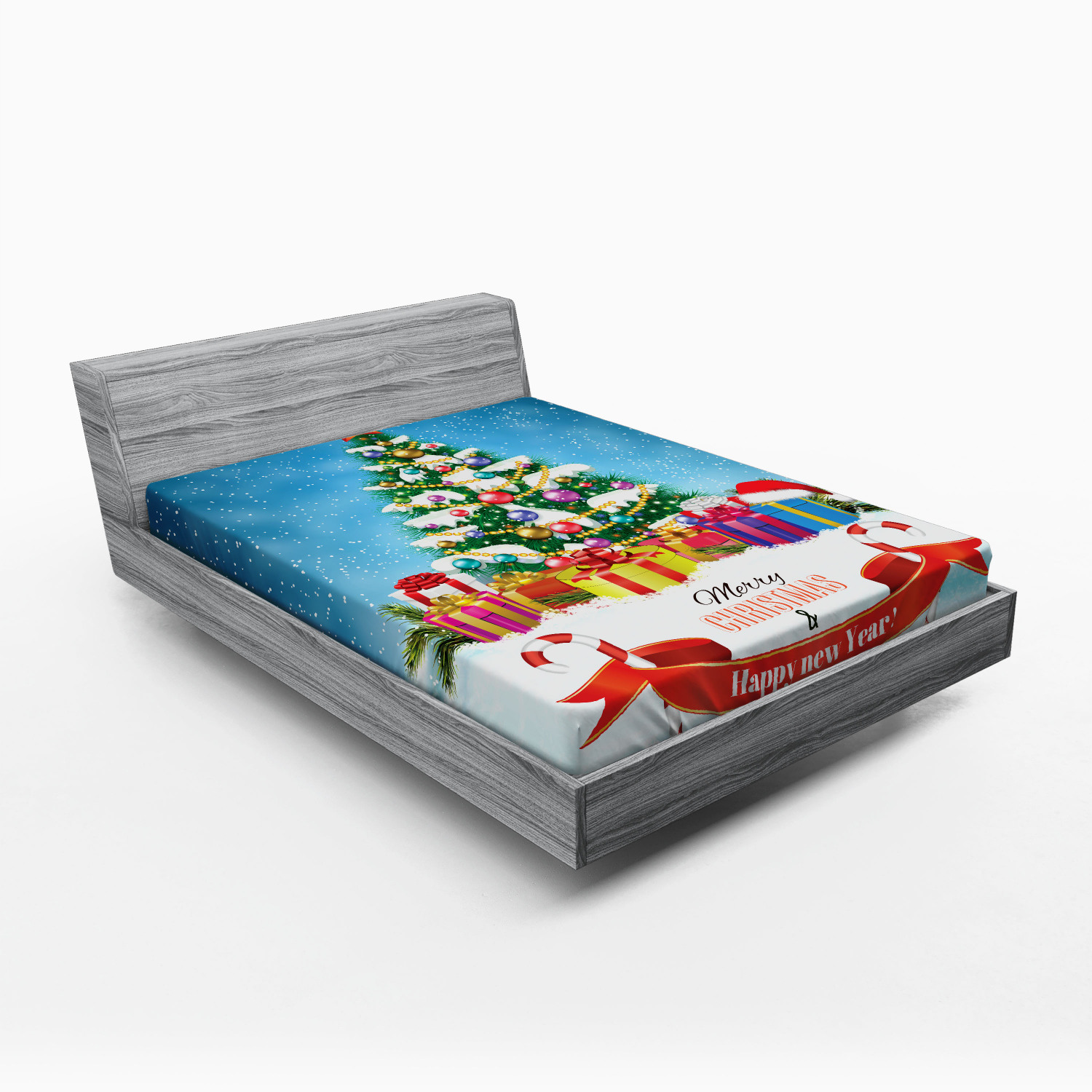 Christmas Fitted Sheet, New Year Tree Surrounded by Surprise Boxes Noel