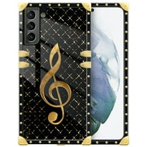 FKBRCL4U Compatible with Samsung Galaxy S21 Case, Black Leather Background Gold Music Notes Luxury Golden Decoration for Girl Women Soft TPU Shockproof Protective Hard PC Back