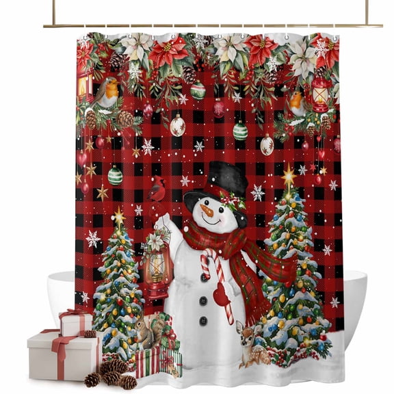 Shower Curtain 36"W x 78"L Christmas Snowman Xmas Trees Poinsettia Plaid Fabric Shower Curtains Set with Hooks Water Repellent Bathroom Curtains Machine Washable Bathroom Accessories