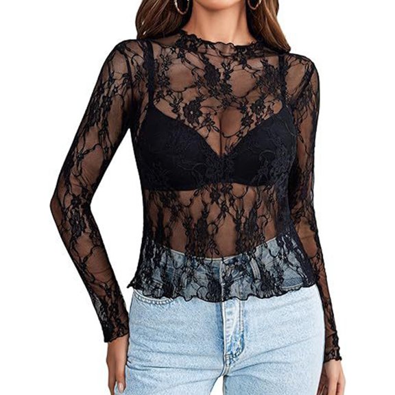 Women Long Sleeve Solid Color Sheer Lace T-Shirt Blouse Clubwear Going Out Top