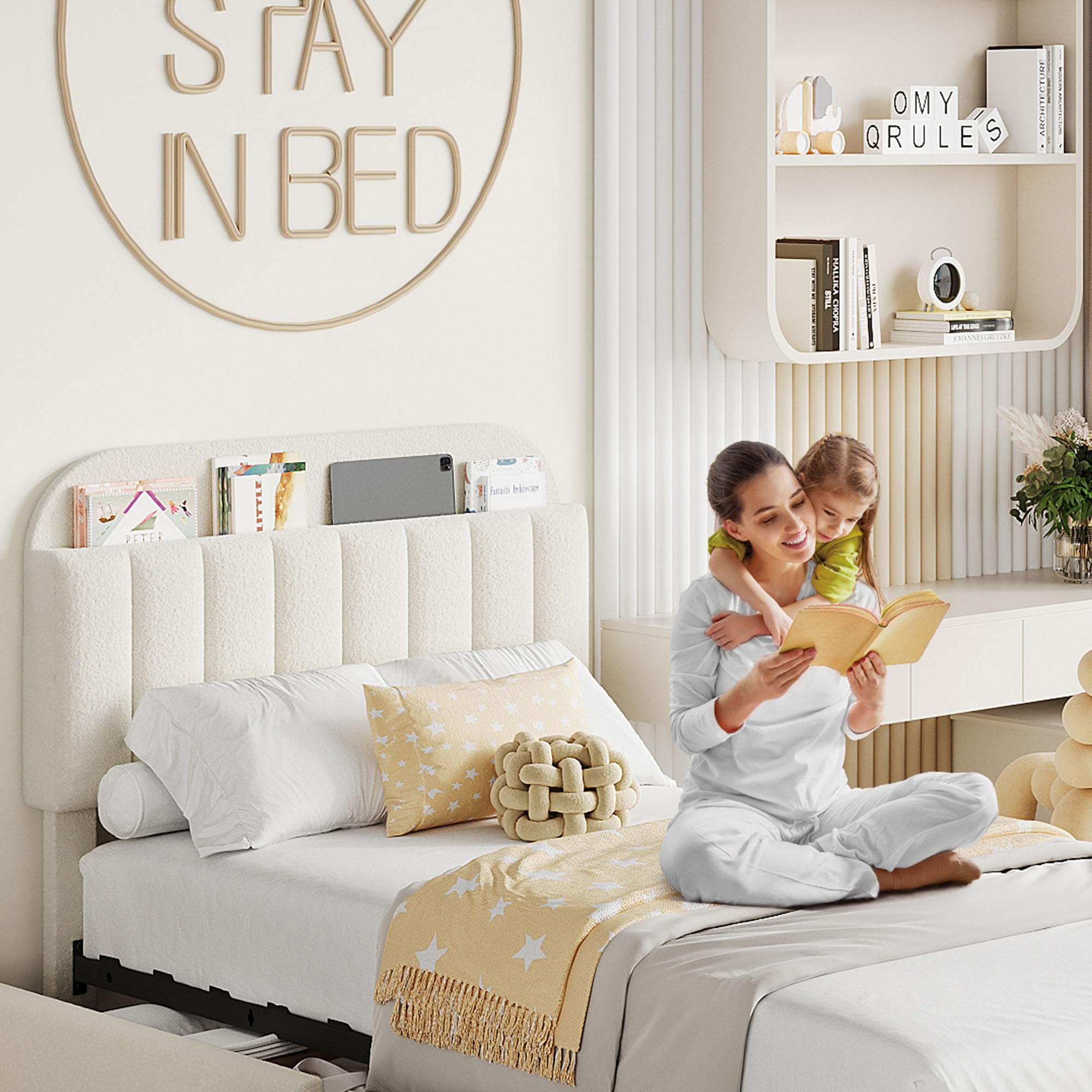 Upholstered TWIN Platform Bed, TWIN Size Bed Frame with Storage Underneath and Headboard, Wood Platform Bed for Bedroom (White)