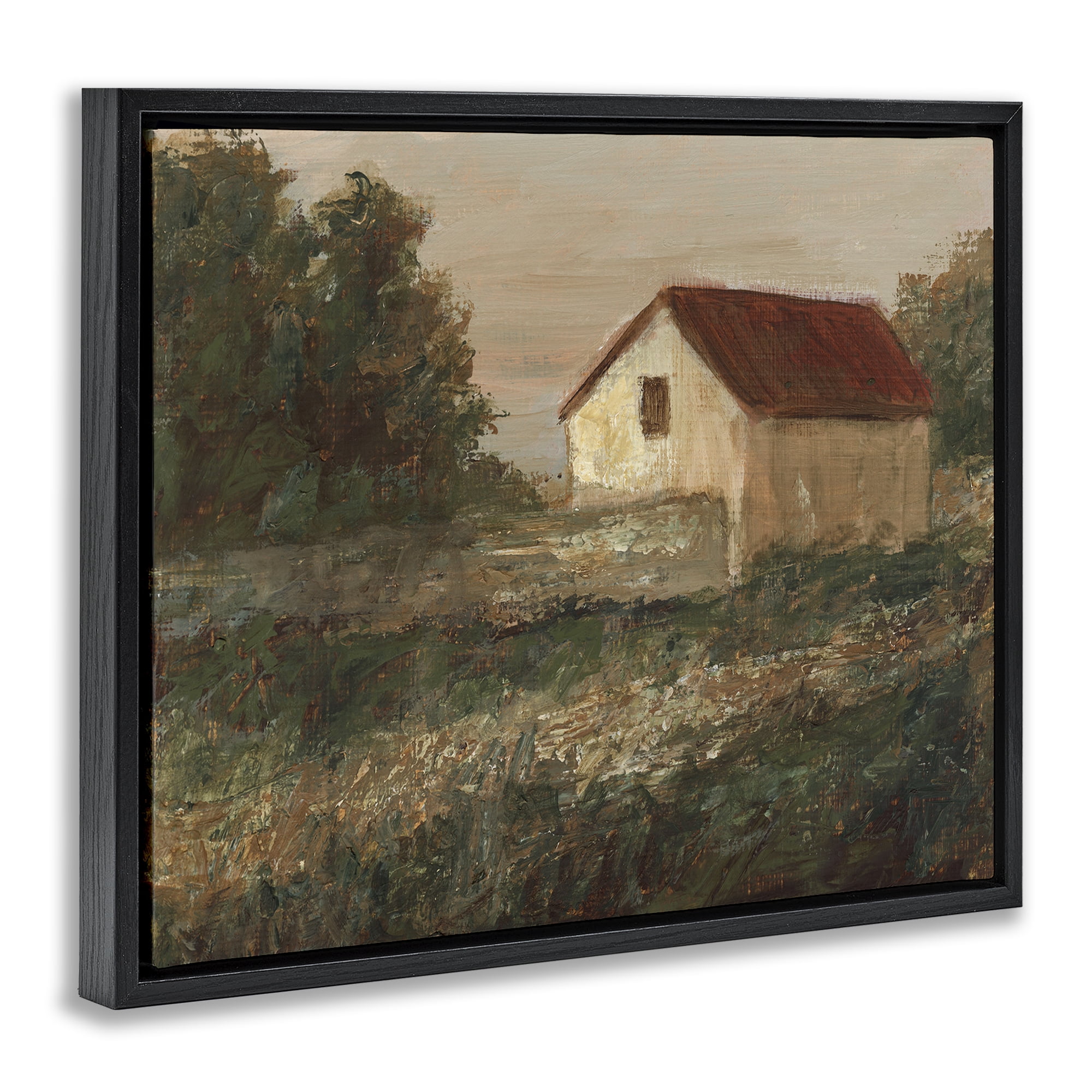 Stupell Industries Traditional Red Roof Cottage Landscape & Nature Painting Black Floater Framed Canvas Art Print Wall Art, 21 x 17
