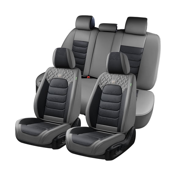 FLORICH Full Set Car Seat Covers, Waterproof Faux Leather Seat Protectors, Comfortable Auto Interior Cushions Fit for Most Cars SUV Trucks, Black & Gray