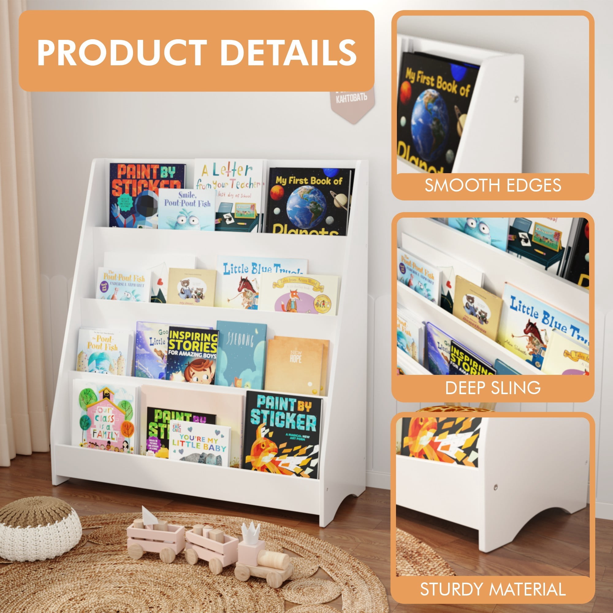 4-Tier Bookshelf,Book Display Shelves,Toy Storage Organizer for Kids Room Playroom Nursery,White 01