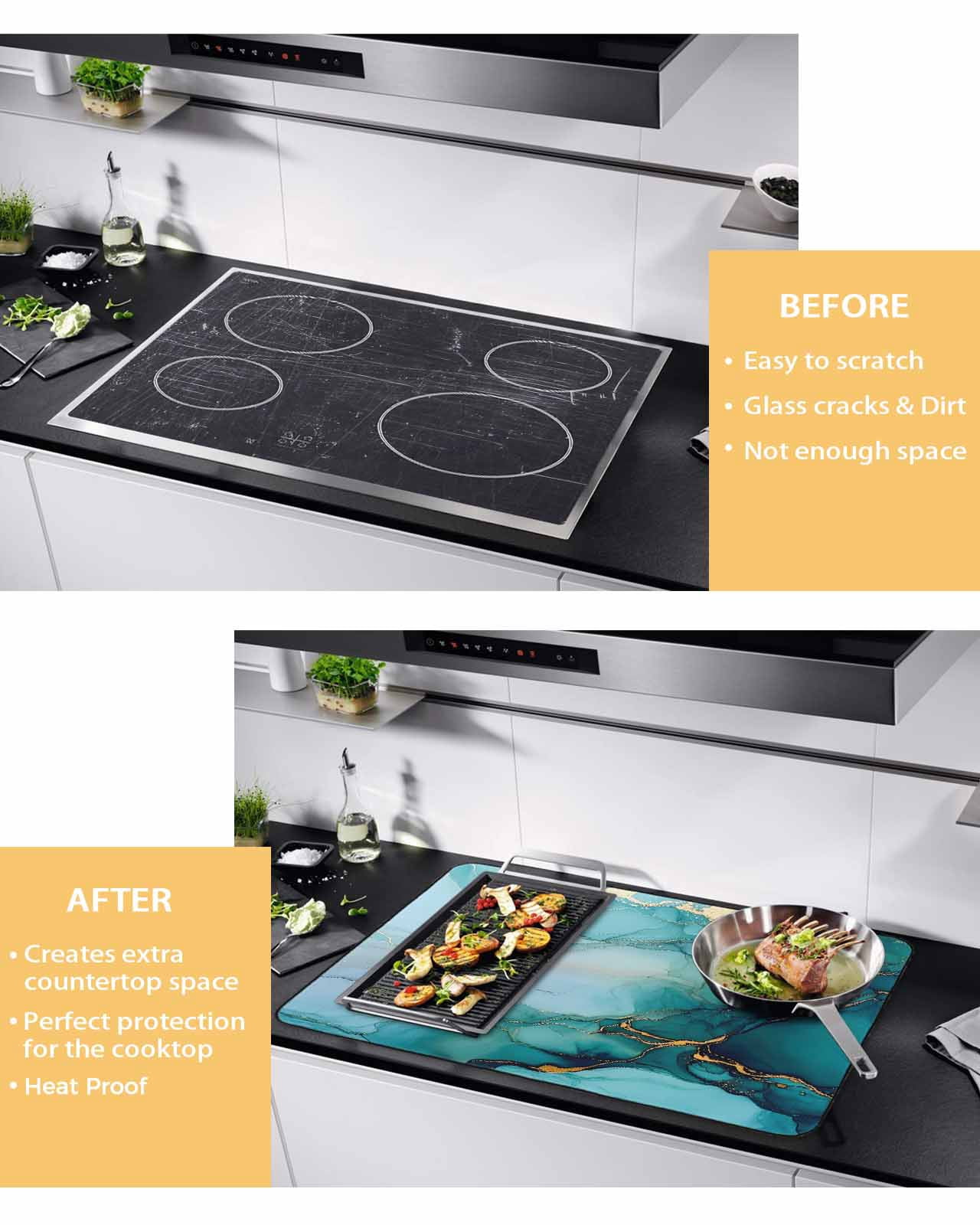 nqOlkjepod Large Induction Cooktop Protector Mat 36"x21", Turquoise Gold Marble Stove Top Covers for Electric Stove, Abstract Simple Geometric Stove Burner Cover Mats, Glass Top Stove Cover