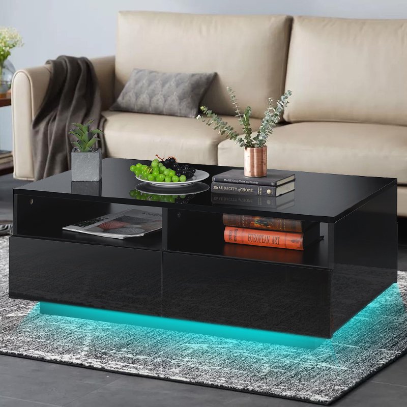 Modern High Gloss Coffee Table with Drawers, LED Sofa Side End Desk
